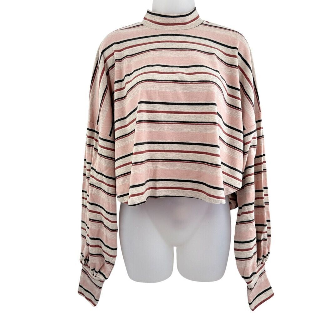 Free People Steph Striped Balloon Sleeve Mock Neck Top Pink Women's Small NWT